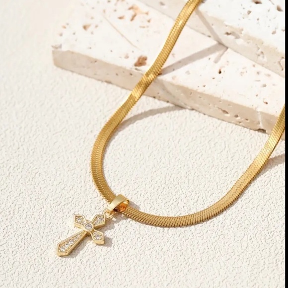 Gorgeous Hypoallergenic Gold Cross Herringbone Necklace - Picture 15 of 15